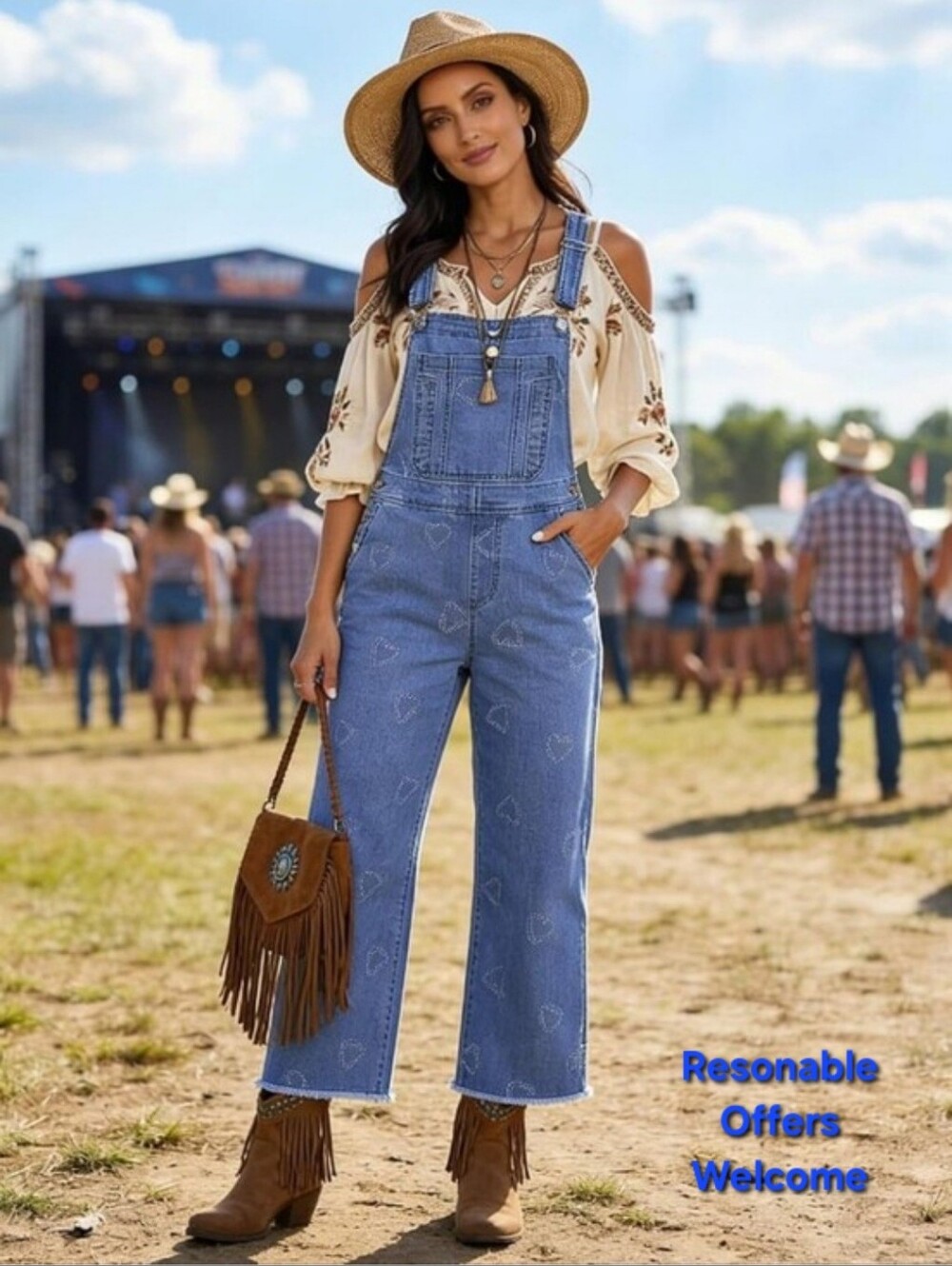 Light Blue Denim Wide Leg Heart-Embroidered Overalls W/Adjustable Straps. NWT